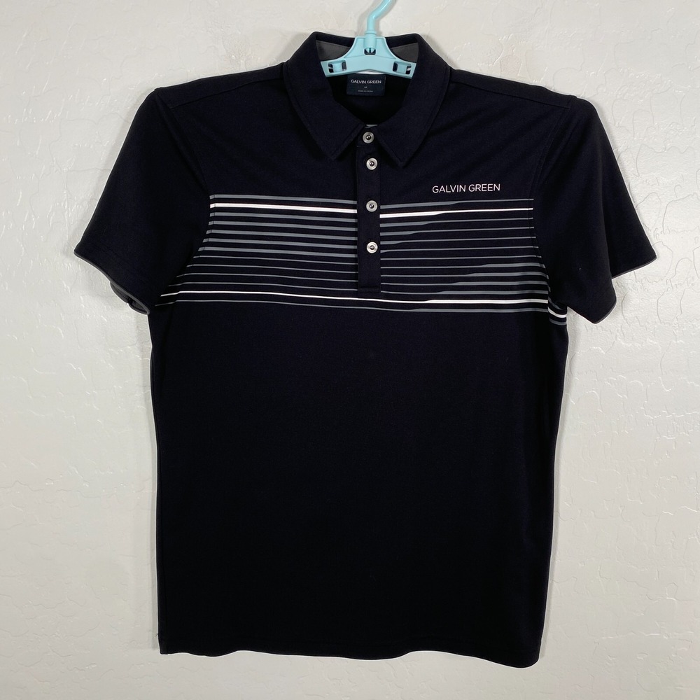Galvin Green Polo Shirt Mens Medium Black Golf Performance Stretch Striped